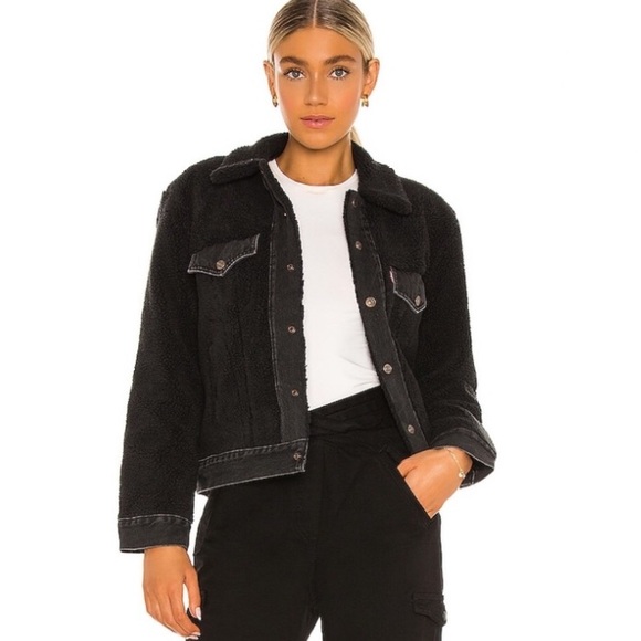 Levi's Jackets & Blazers - Levi’s Premium Ex Boyfriend Trucker Jacket Womens Sherpa Teddy Denim Black Small